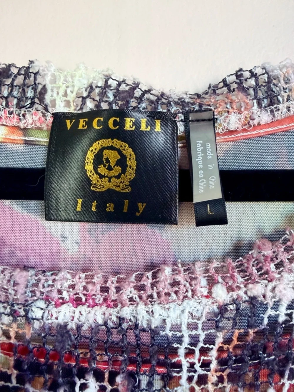 Vecceli Italy Abstract Mesh Layered Top Women’s L Boho Lagenlook Knit Blouse